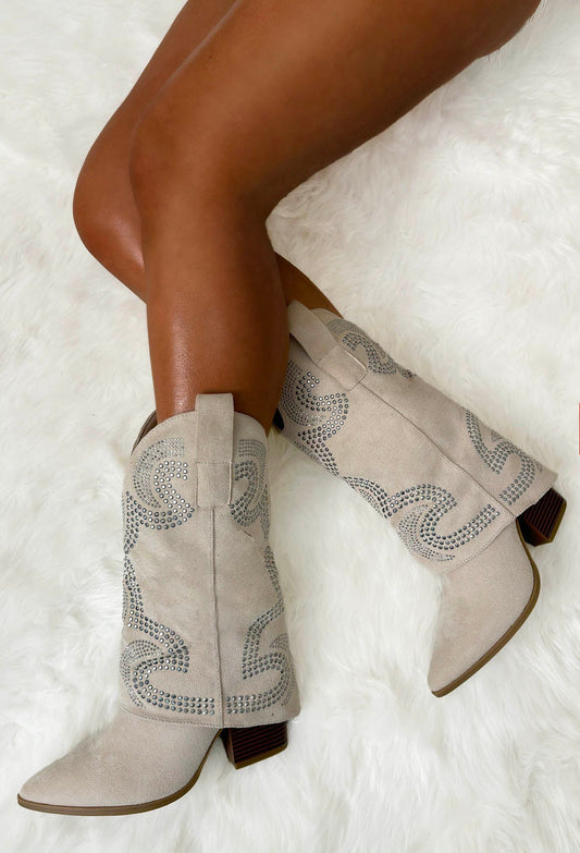 She's All That Beige Faux Suede Studded Fold Over Shark Boots