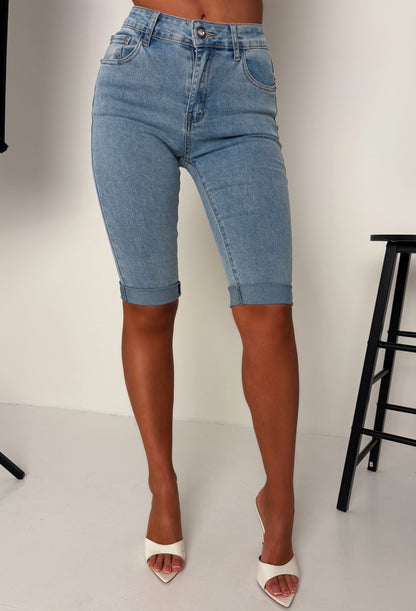 She's Untouchable Light Wash Stretch Pedal Pusher Turn Up Capri Jeans