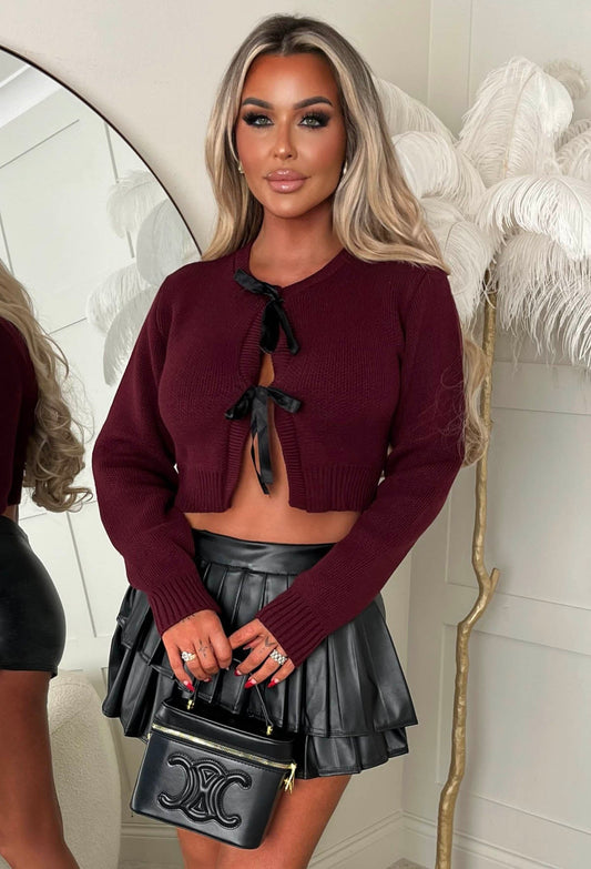 Simple Attraction Burgundy Knitted Bow Tie Cardigan