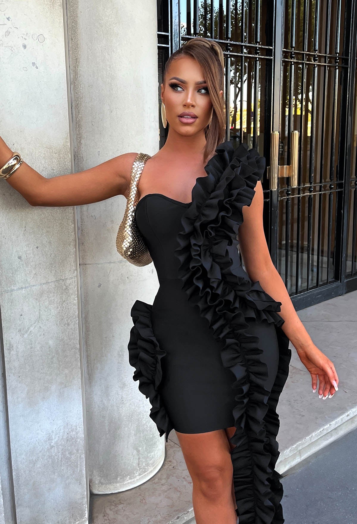 Simply Darling Black Ruffle Bodycon Bandage Dress