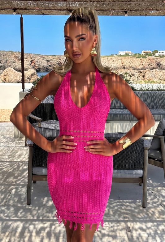 Siren Sounds Hot Pink Crochet Mini Dress