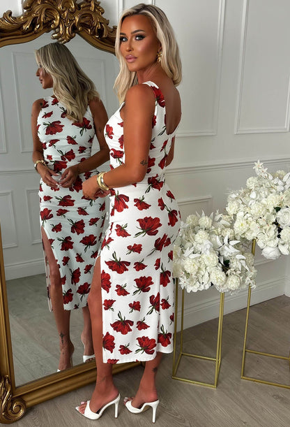 Slay Era Red Side Split Slash Neck Floral Dress