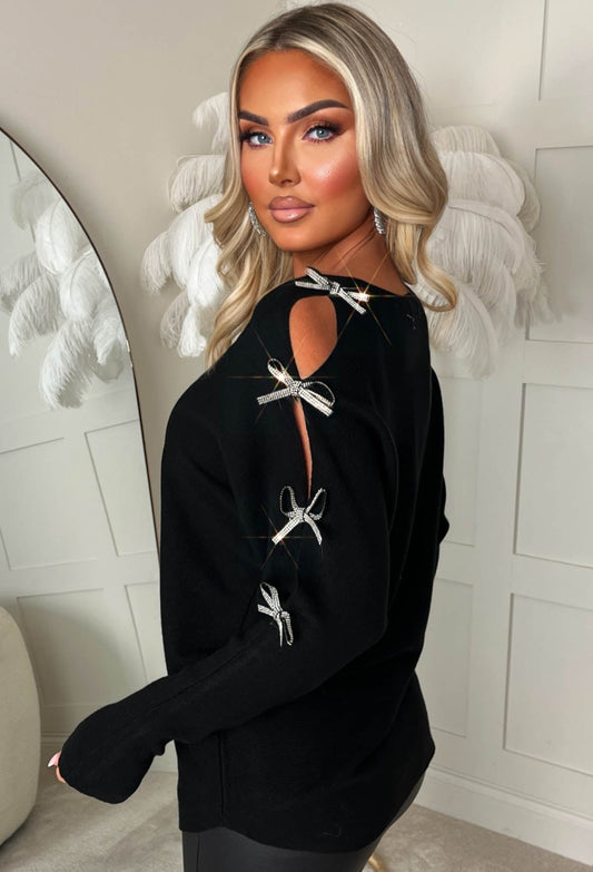 Slay Season Black Diamante Bow Jumper