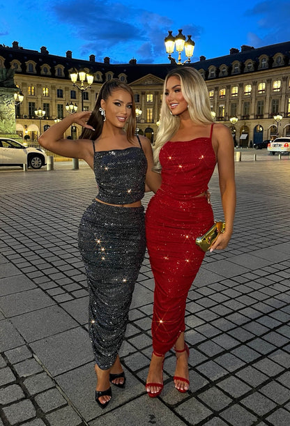 Sparkling Delight Red Sequin Foil Ruched Midi Skirt Co-Ord Set