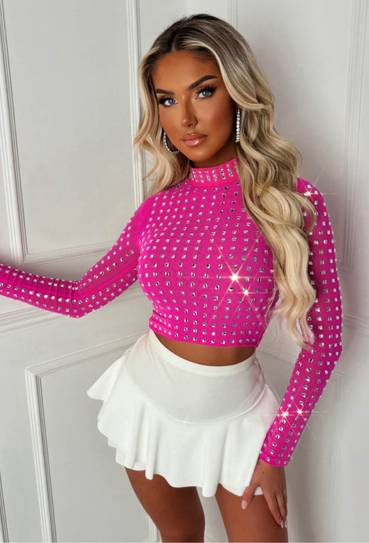 Starlit Hot Pink Diamond Gem Sheer Mesh Long Sleeve Top