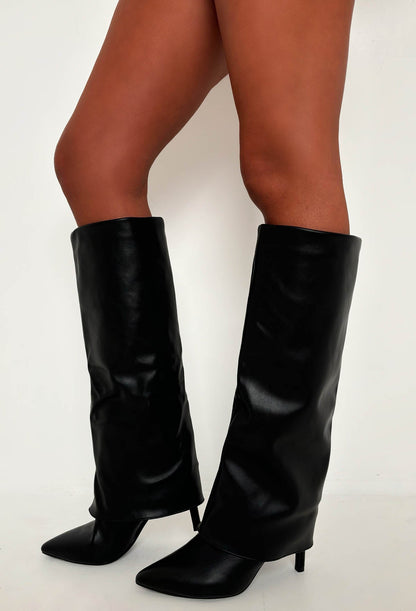 Step By Step Black Stiletto Knee High Shark Boots