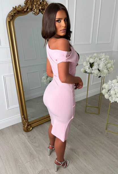 Stunning Sister Pink Off Shoulder Ruched Midi Dress
