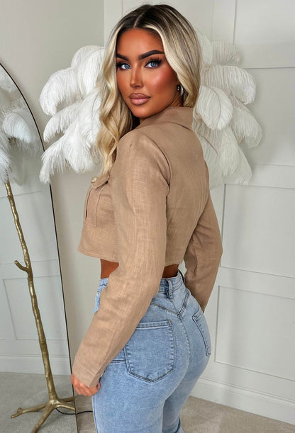 Subtle Stunner Camel Cropped Linen Jacket