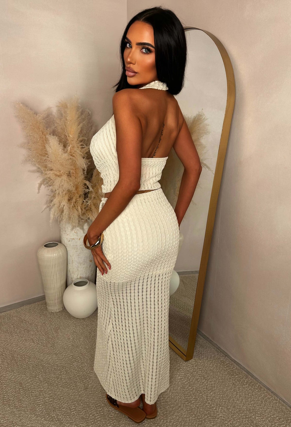 Summer On The Palm Cream Textured Bead Detail Skirt Co-ord Set