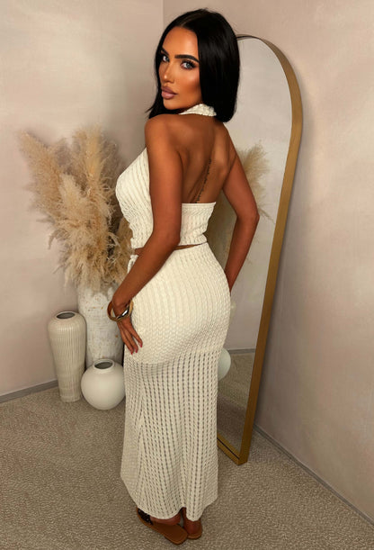 Summer On The Palm Cream Textured Bead Detail Skirt Co-ord Set