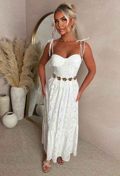 Summer Seduction White Broiderie Tie Strap Maxi Dress