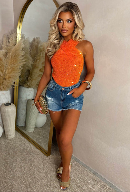 Sun Goddess Orange Halterneck Knitted Sequin Top