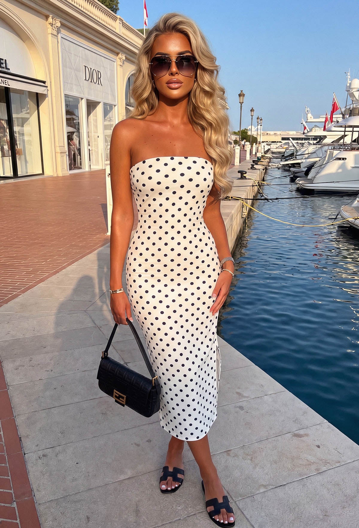 Sweet Essential Monochrome Polka Dot Bandeau Jersey Dress With Side Slit