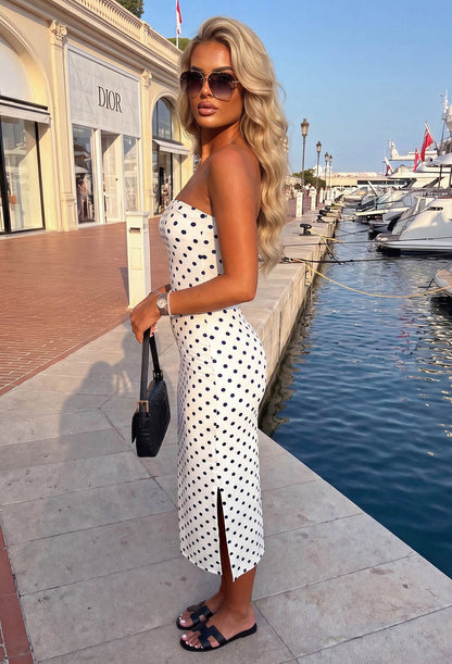 Sweet Essential Monochrome Polka Dot Bandeau Jersey Dress With Side Slit