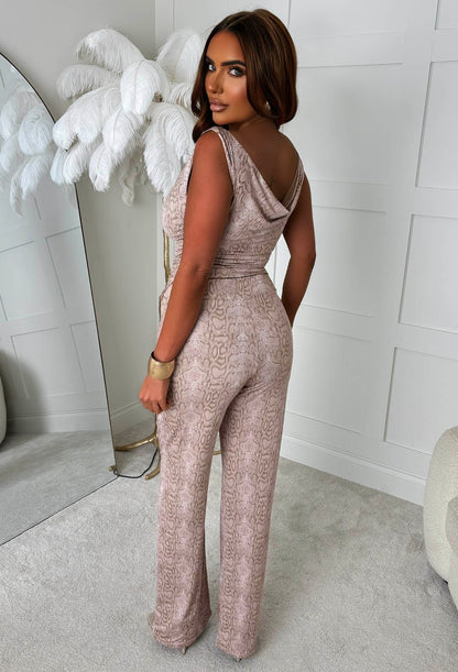 Sweetest Soul Beige Snake Print Slinky Straight Leg Trousers