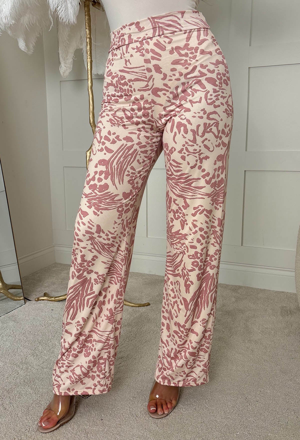 Sweetest Soul Light Pink Animal Print Slinky Straight Leg Trousers