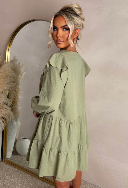 Take Me To Paradise Khaki Frill Front Shirt Dress