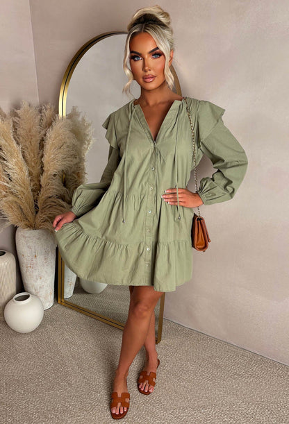 Take Me To Paradise Khaki Frill Front Shirt Dress