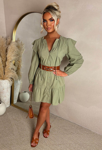 Take Me To Paradise Khaki Frill Front Shirt Dress
