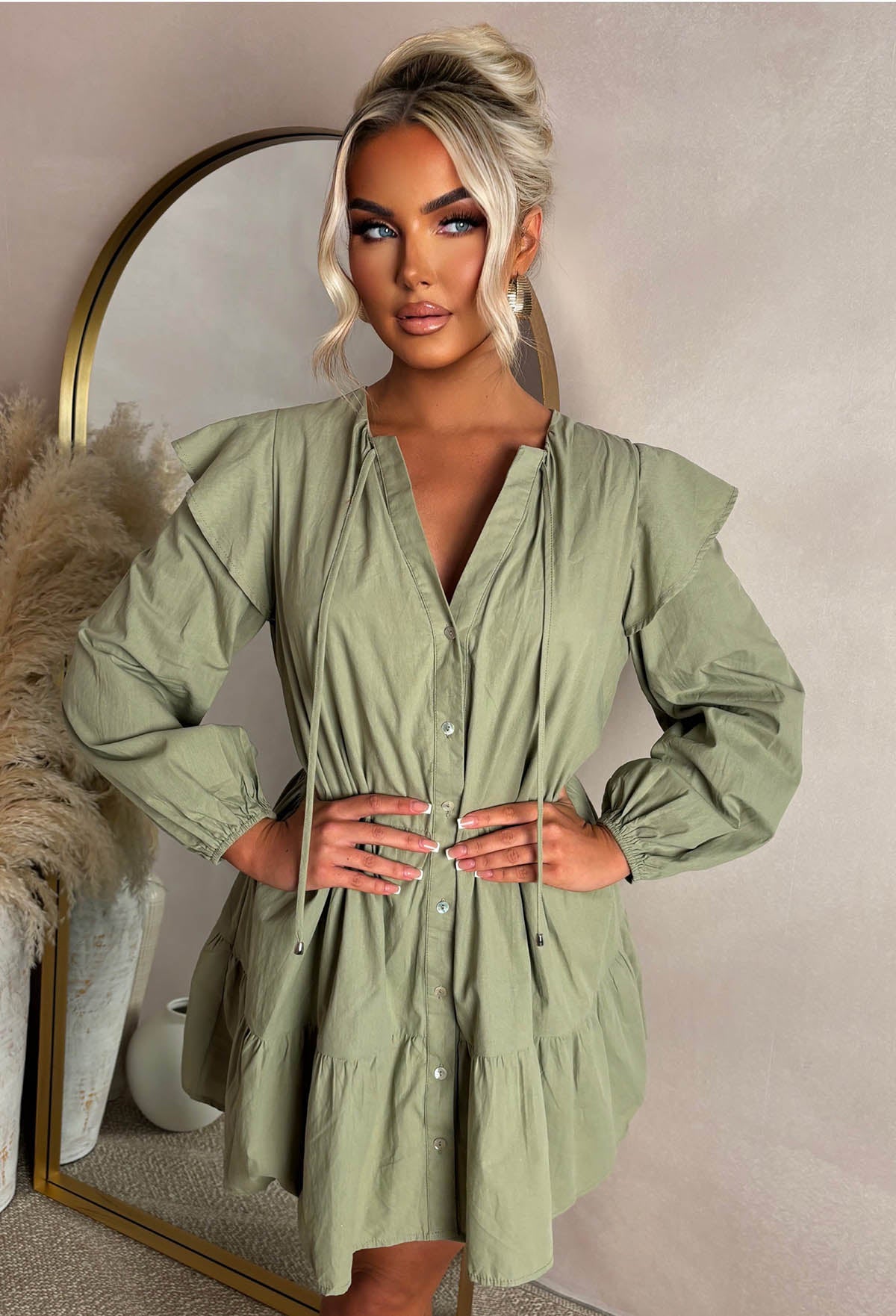 Take Me To Paradise Khaki Frill Front Shirt Dress