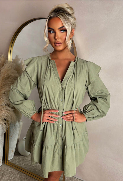 Take Me To Paradise Khaki Frill Front Shirt Dress