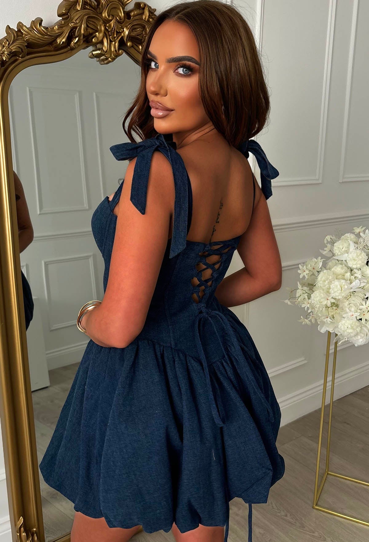 Te Amo Mid Wash Tie Shoulder Cupped Denim Dress