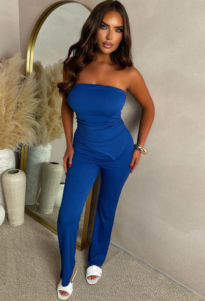 Tell Me Lies Cobalt Ruched Ribbed Bandeau Top & Trouser Set