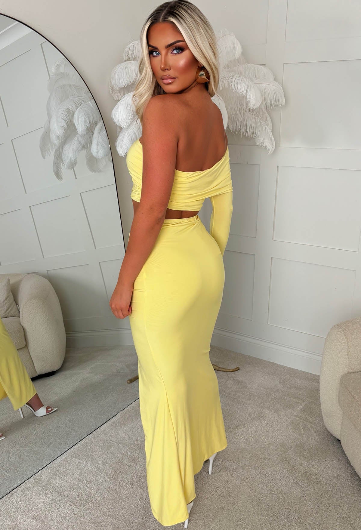 The Best Asset Lemon Ruched Slinky One Shoulder Maxi Skirt Co-Ord Set