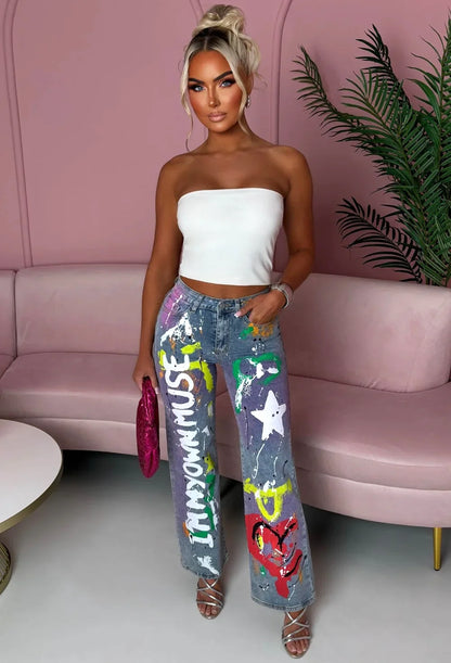 The Muse Mid Wash Stretch Graffiti Wide Leg Jeans