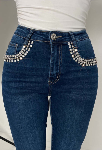 Too Much? Dark Blue Low Rise Stretch Diamante Trim Flare Jean