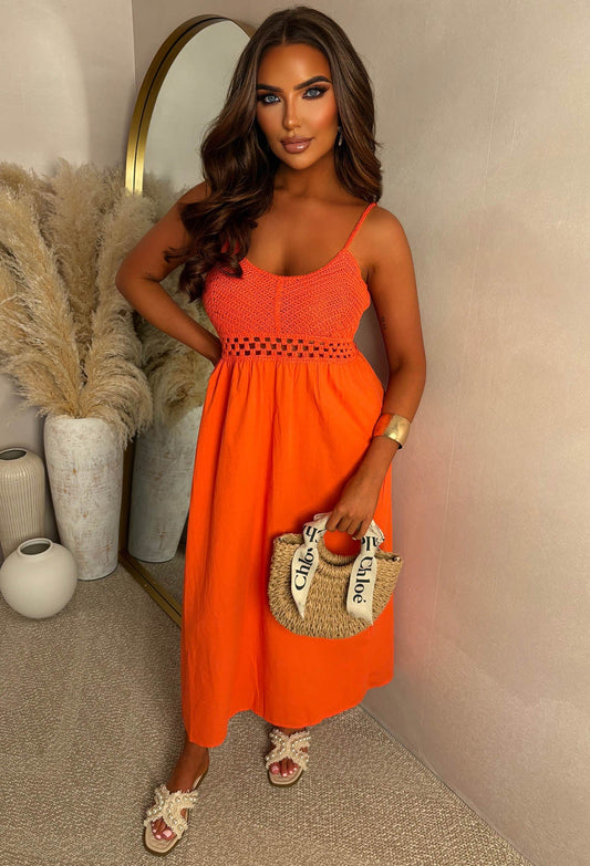 Tropical Dream Coral Crochet Knit Maxi Dress