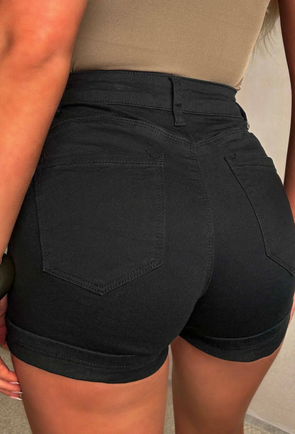 Turning Up Black Stretch Turn Up Bum Shaping Denim Shorts