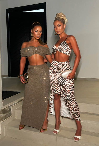Twisted Sunshine Brown Twist Front Top & Skirt Co-ord Set