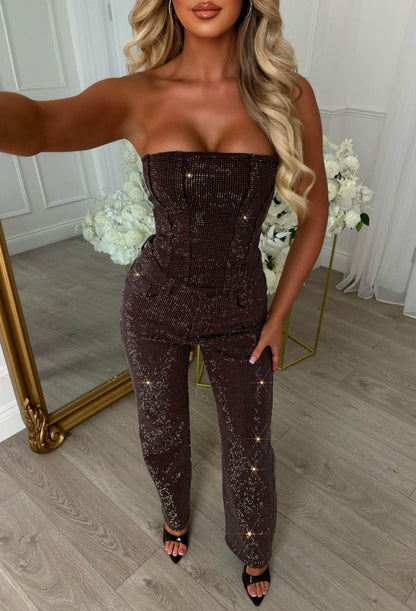 Ultimately Yours Brown Stretch Diamante Bandeau Denim Top