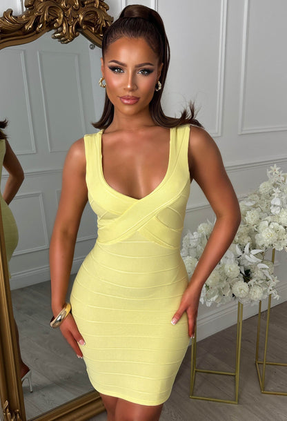 Undeniable Lemon Jersey Ribbed Bandage Effect Bodycon Dress
