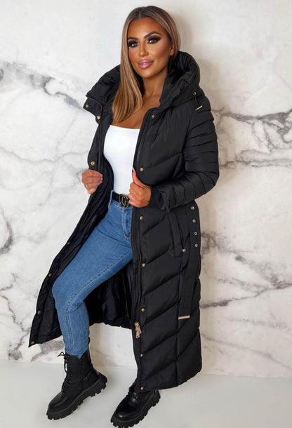 Urban Luxe Black Chevron Belted Hooded Fleece Lined Padded Coat