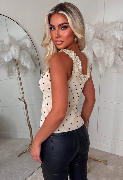Verena Beige Lace & Rib Polka Dot Button Front Vest Top