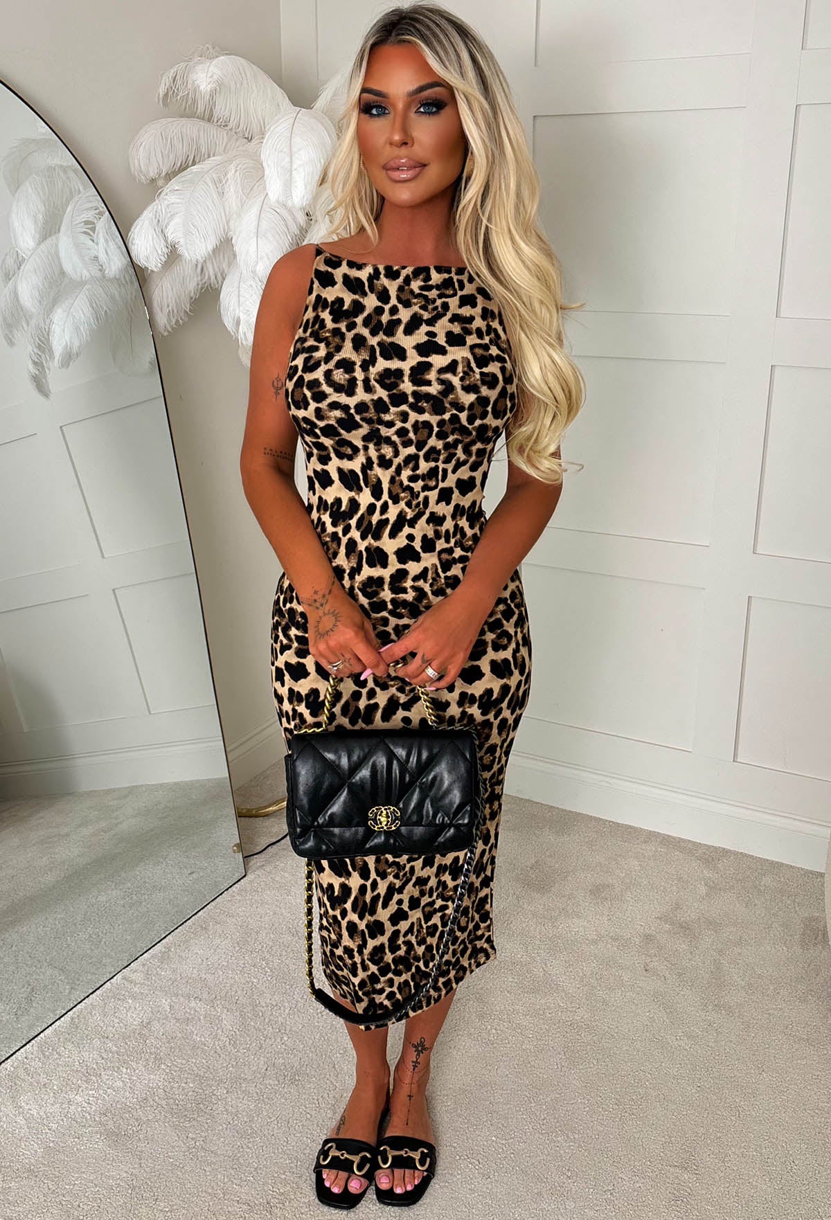 Vibe Talking Brown Leopard Ribbed Midi Dress