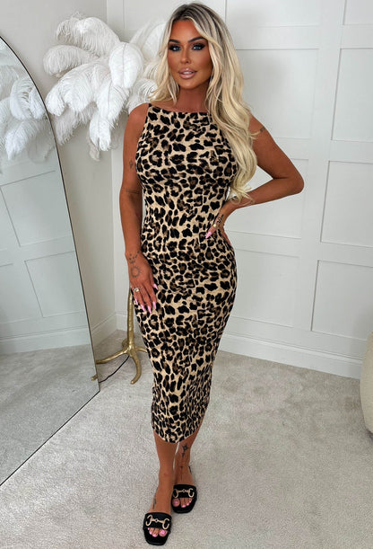Vibe Talking Brown Leopard Ribbed Midi Dress