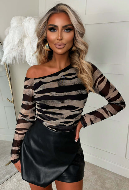 Wild Rush Brown Ruched Side Off Shoulder Top