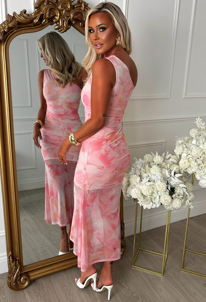 Wildfire Pink One Shoulder Print Mesh Dress