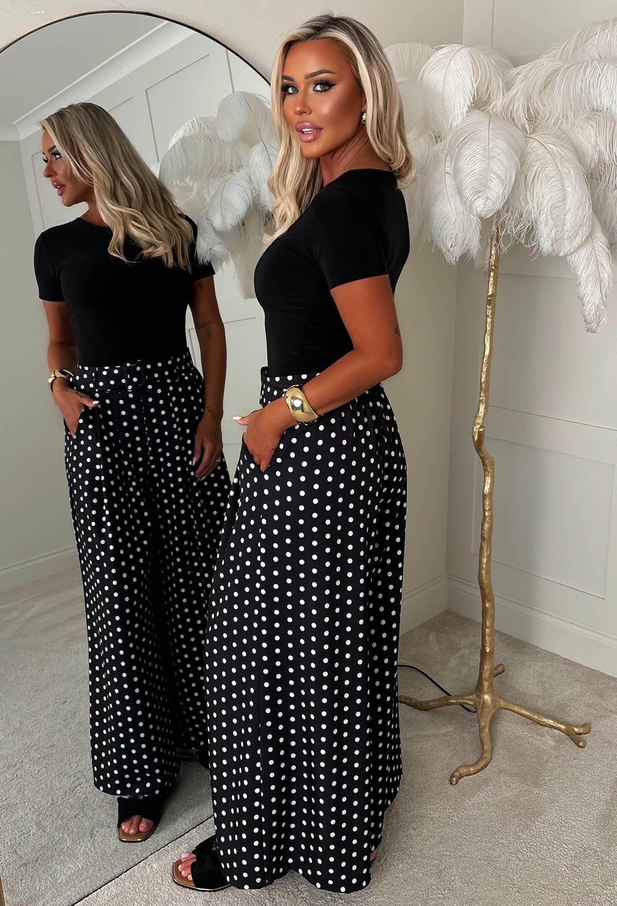 Willow Black Polka Dot Wide Leg Belted Trousers