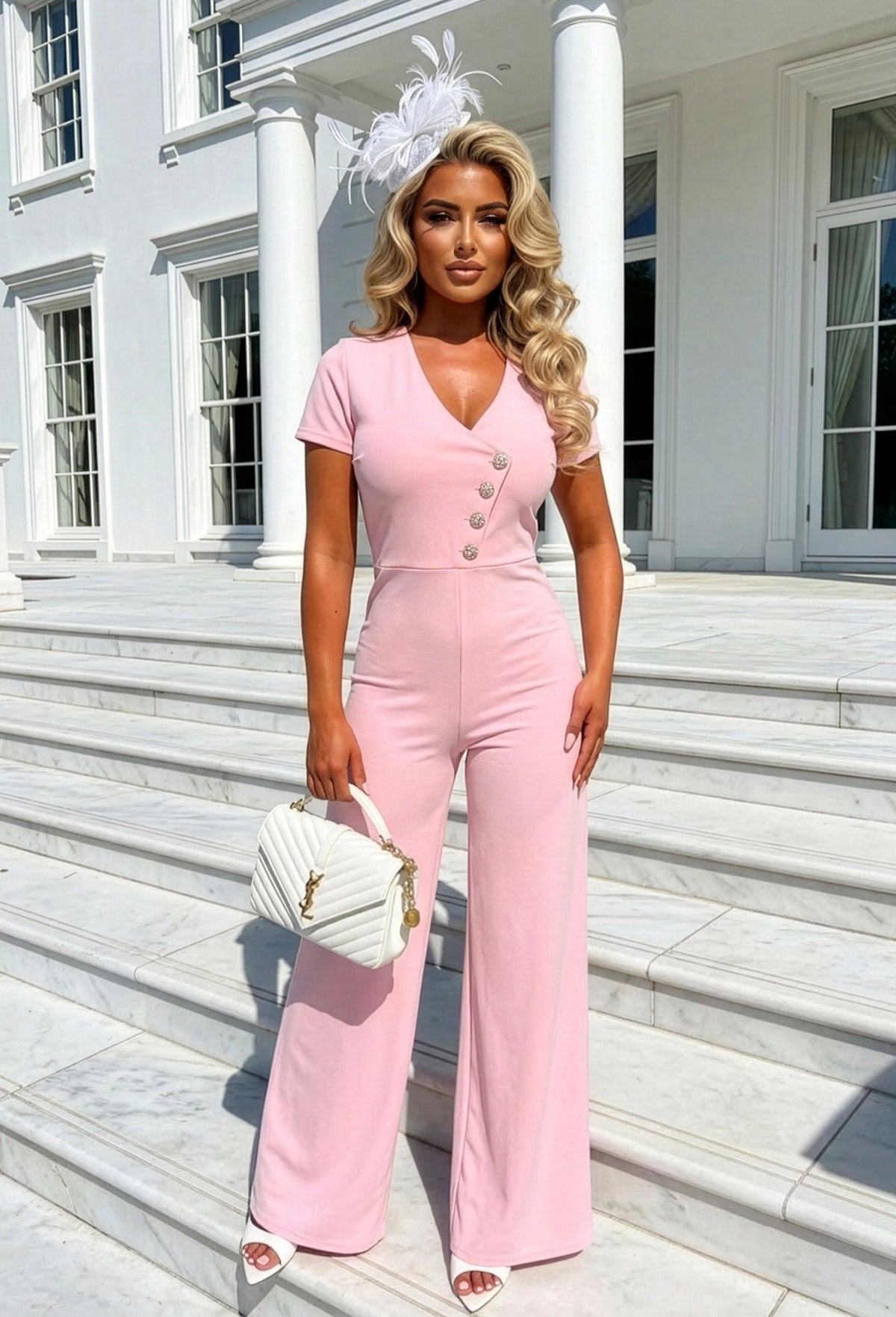 You Slay Girl Pink Gold Button Short Sleeve Jumpsuit